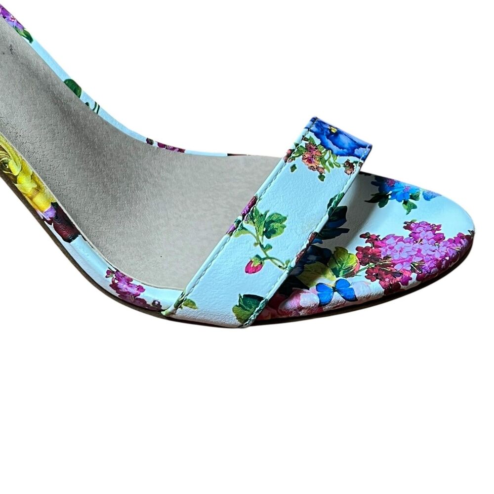 Madden Girl Heeled Sandals Women's Sz 7.5 White Floral Brigid Ankle Strap Spring - Picture 10 of 13